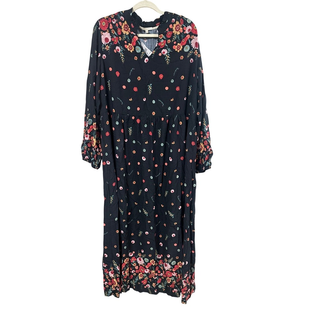 Kate & Sam Women XXL Black Floral Boho Maxi Dress Long Sleeve Rayon NO BELT